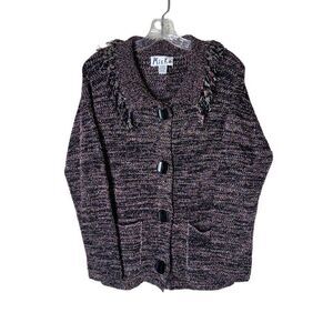 Mieka New York Tweed Sweater Jacket Fringe Collar Button Cardigan M